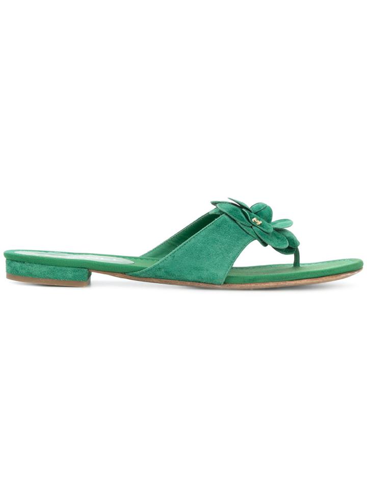Chanel Vintage Floral Appliqué Flat Sandals - Green