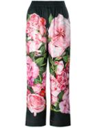 Dolce & Gabbana Rose Print Palazzo Trousers, Women's, Size: 42, Black, Silk