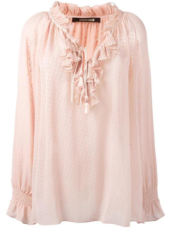 Roberto Cavalli Ruffled V-neck Sheer Blouse, Women's, Size: 42, Pink/purple, Silk