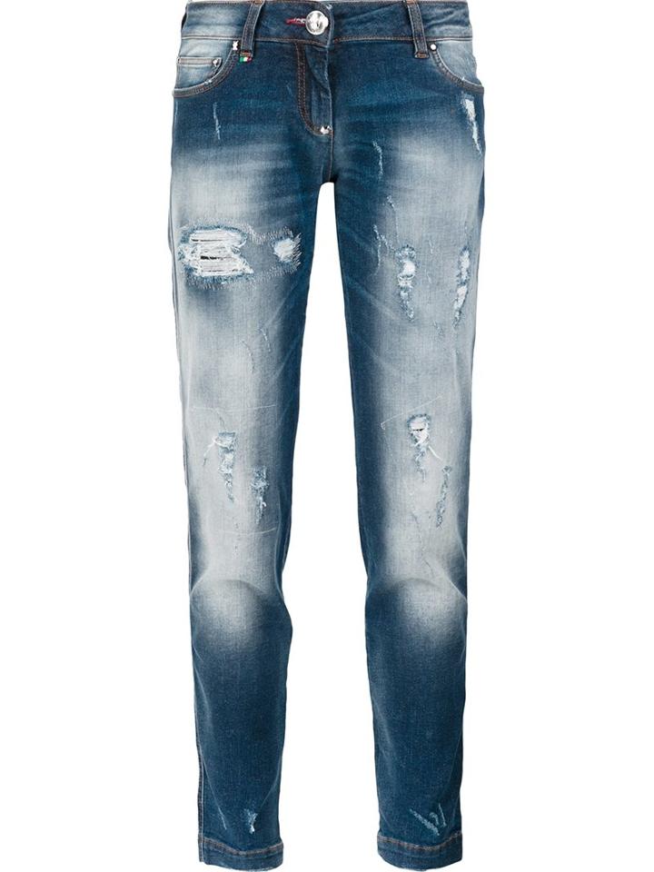 Philipp Plein Distressed Boyfriend Jeans, Women's, Size: 28, Blue, Cotton/spandex/elastane