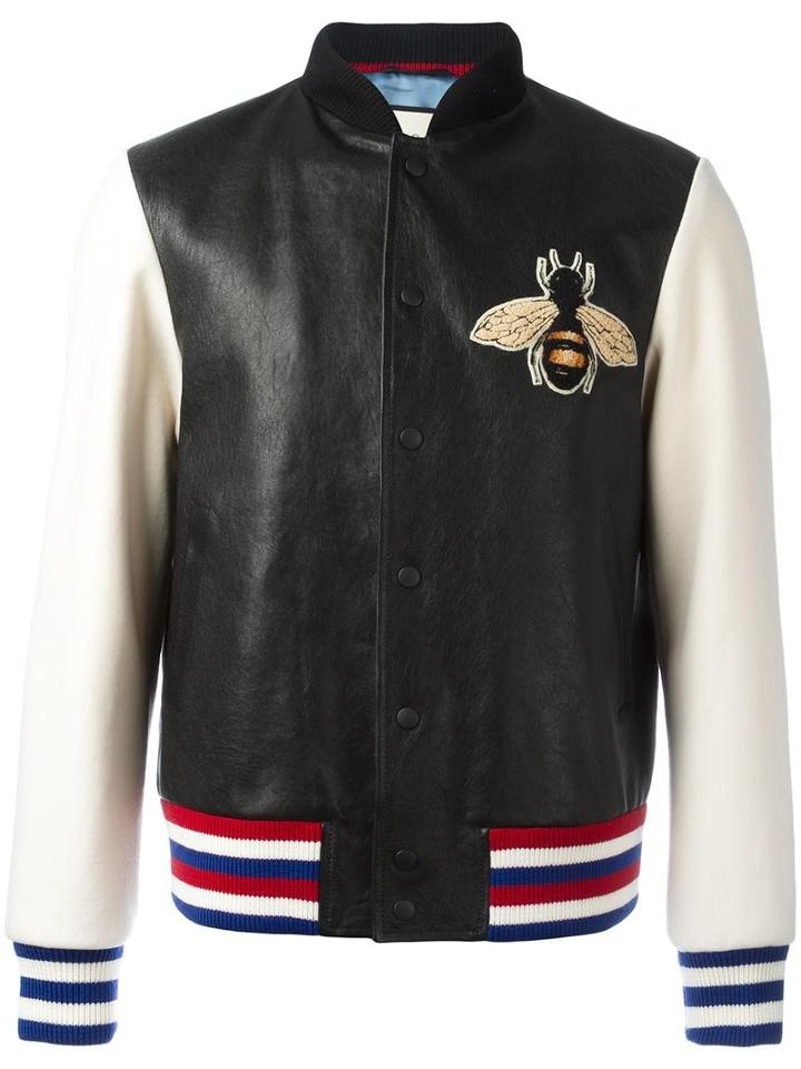 Gucci Bee Appliqué Bomber Jacket, Men's, Size: 48, Black, Lamb Skin/wool/cupro
