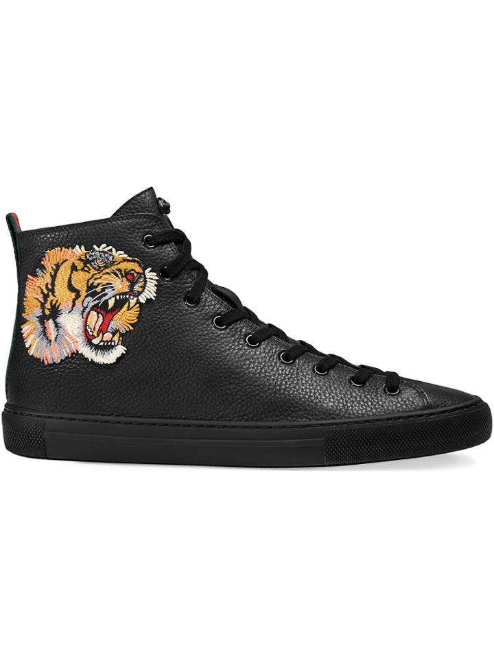 Gucci Leather High-top Sneaker With Tiger - Black