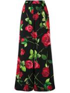 Dolce & Gabbana Wide Leg Rose Print Trousers - Black