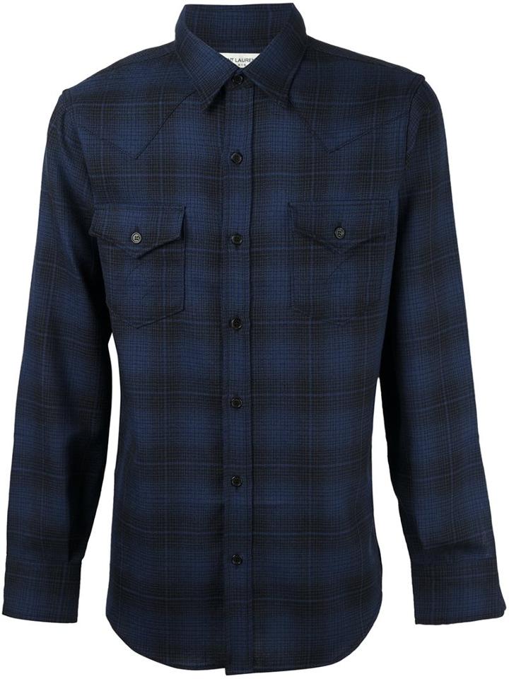 Saint Laurent Checked Casual Shirt, Men's, Size: Small, Blue, Wool