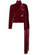 Palomo Spain Velvet High Neck Blouse - Red