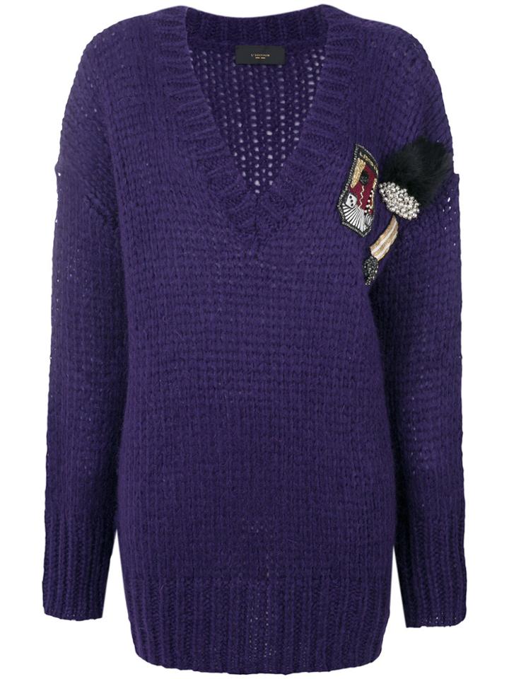Lédition Patch Detail V-neck Jumper - Pink & Purple