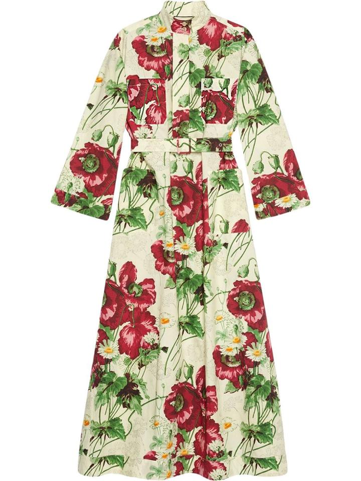 Gucci Belted Dress With Poppy Print - Green