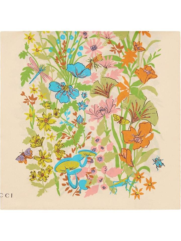 Gucci Silk Scarf With Floral Print - Neutrals