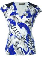 Roberto Cavalli Feather Print V-neck T-shirt, Women's, Size: 44, Blue, Polyamide/spandex/elastane
