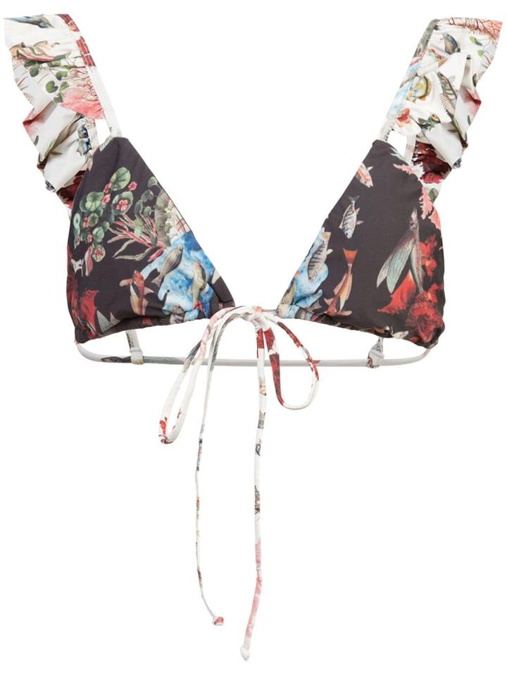 Patbo Fish Print Ruffle String Bikini Top - Black