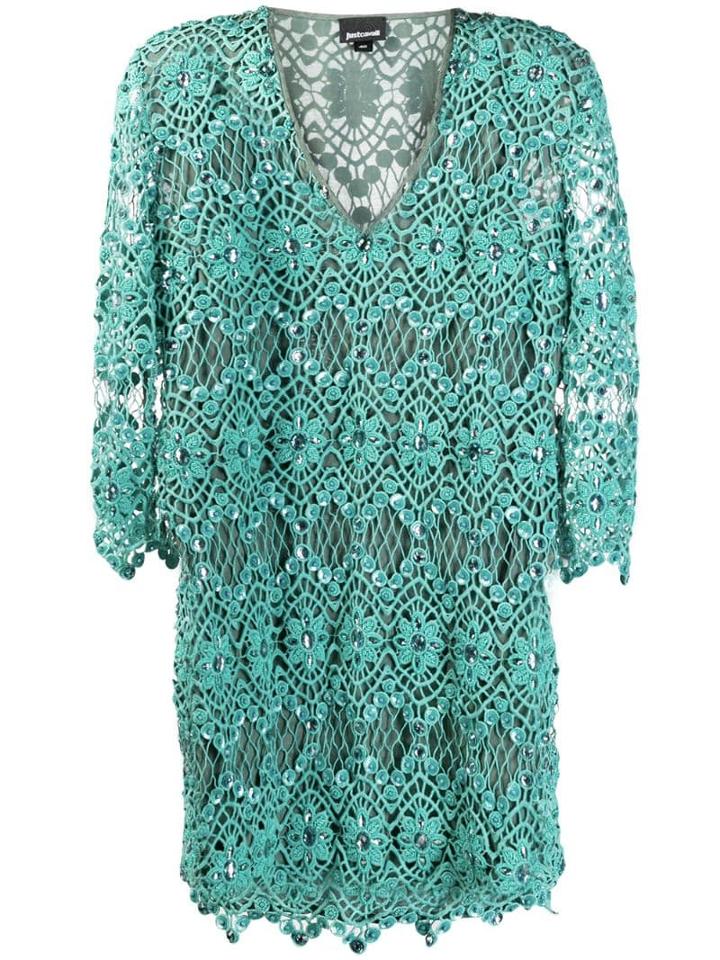 Just Cavalli Embellished Crochet Shift Dress - Green