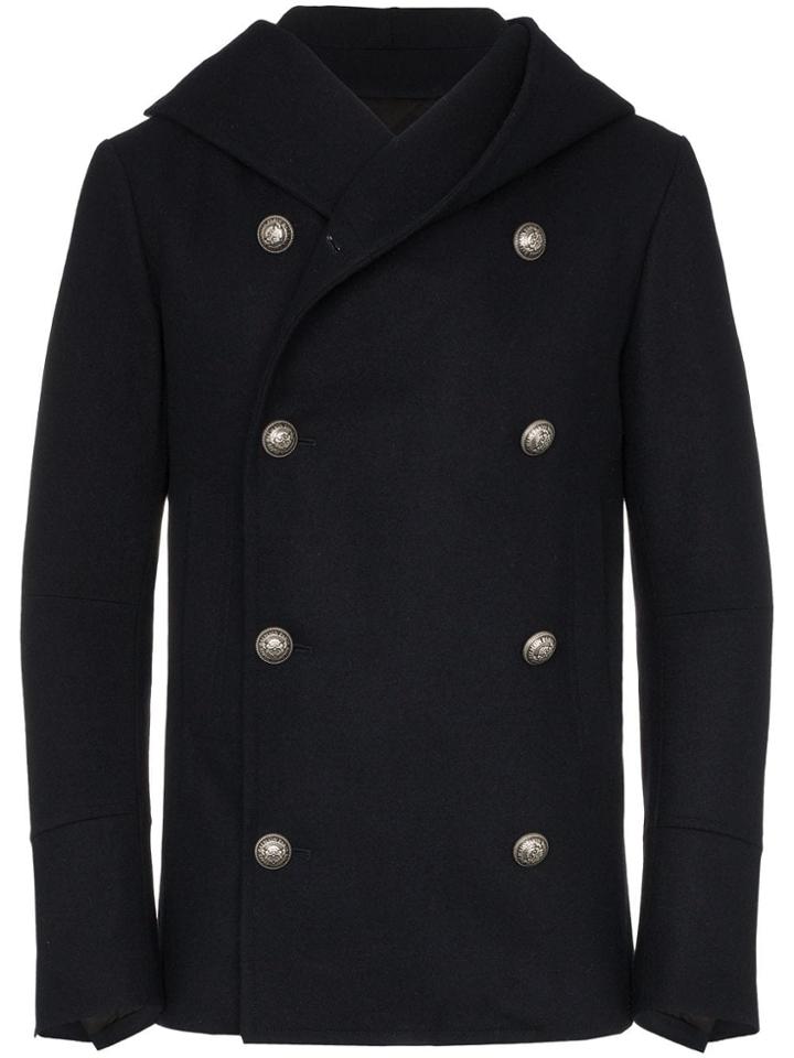 Balmain Double-breasted Hooded Peacoat - Blue