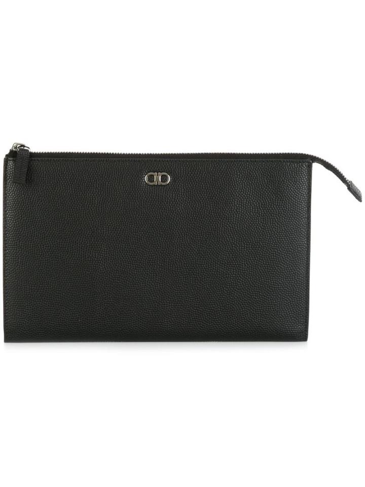 Salvatore Ferragamo Gancio Plaque Clutch, Men's, Black, Calf Leather