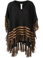 Twin-set Fringed Hem Stripe Poncho - Black