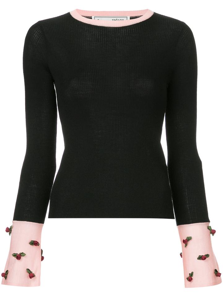 Tu Es Mon Trésor Rose Cuff Ribbed Sweater - Black