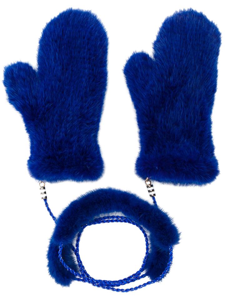 Liska - Fur Mittens With Chain Link - Women - Mink Fur - One Size, Blue, Mink Fur
