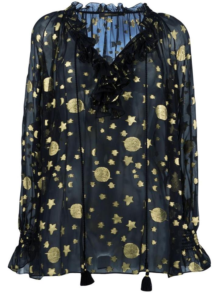 Gold-tone Print Sheer Blouse, Women's, Size: 40, Black, Viscose/silk/polyester, Roberto Cavalli