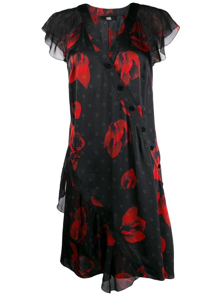 Karl Lagerfeld Floral Ruffle Shift Dress - Black