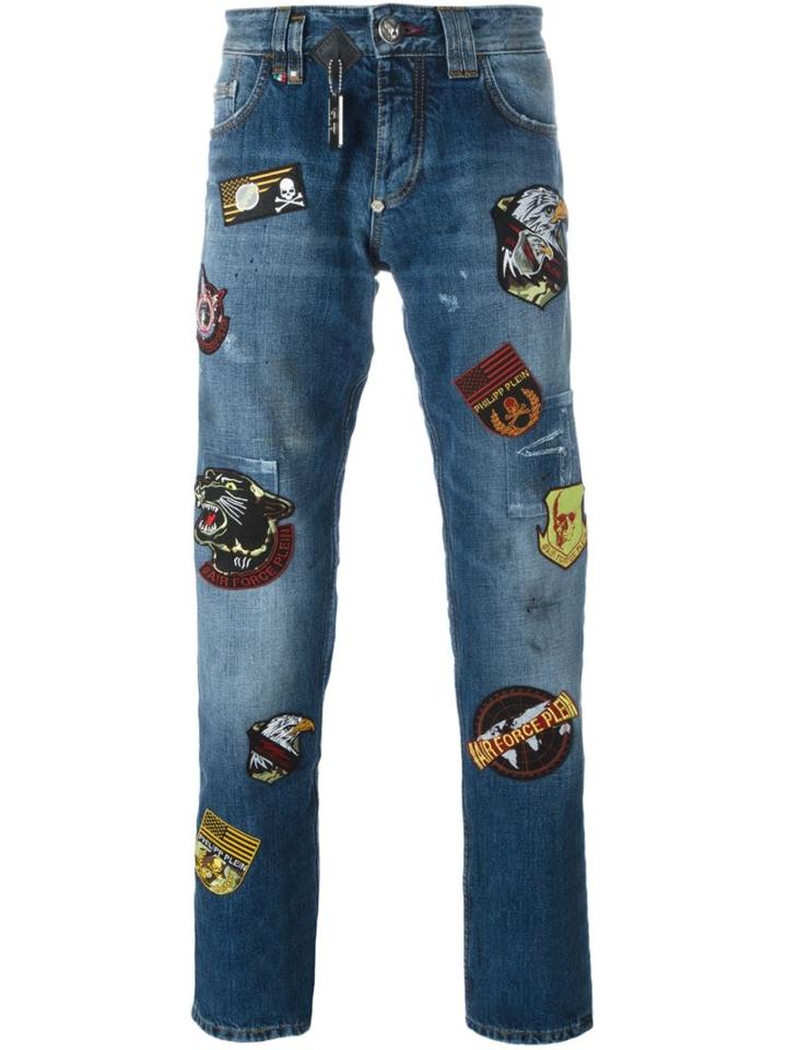 Philipp Plein Patched Jeans, Men's, Size: 33, Blue, Cotton/polyester