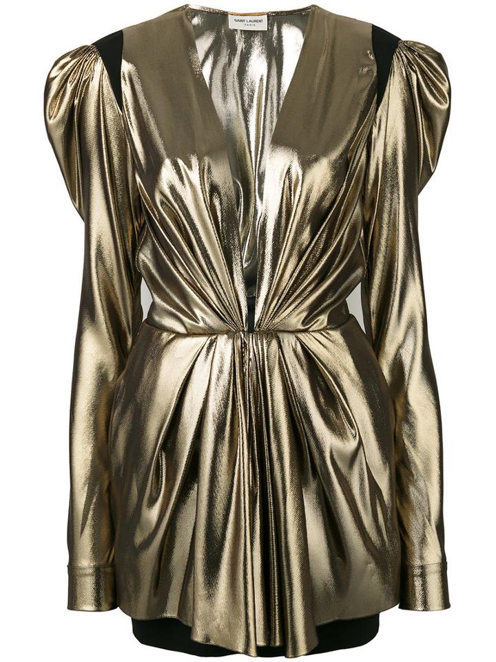 Saint Laurent - Plunge Neck Dress - Women - Silk/virgin Wool/metal - 38, Grey, Silk/virgin Wool/metal