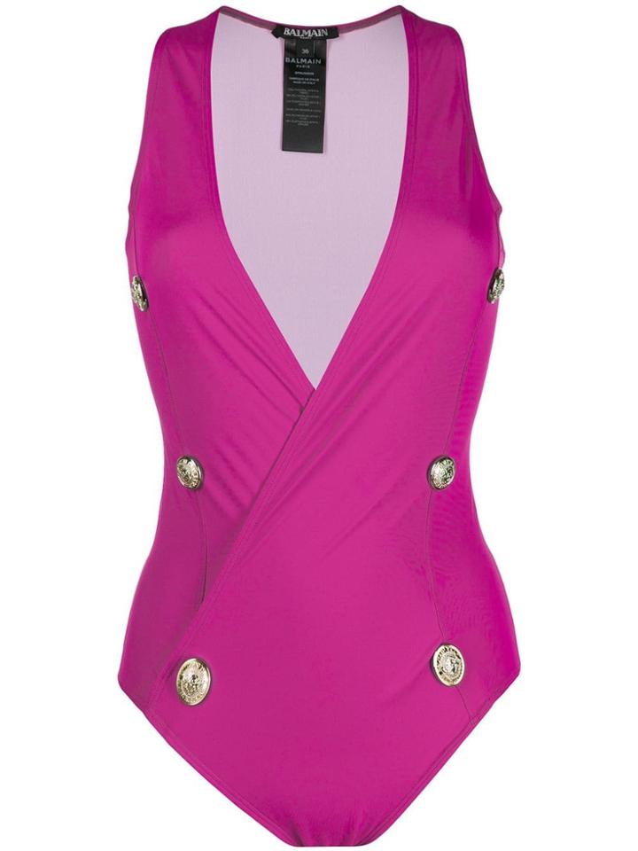 Balmain Plunging Neckline Buttoned Swimsuit - Pink