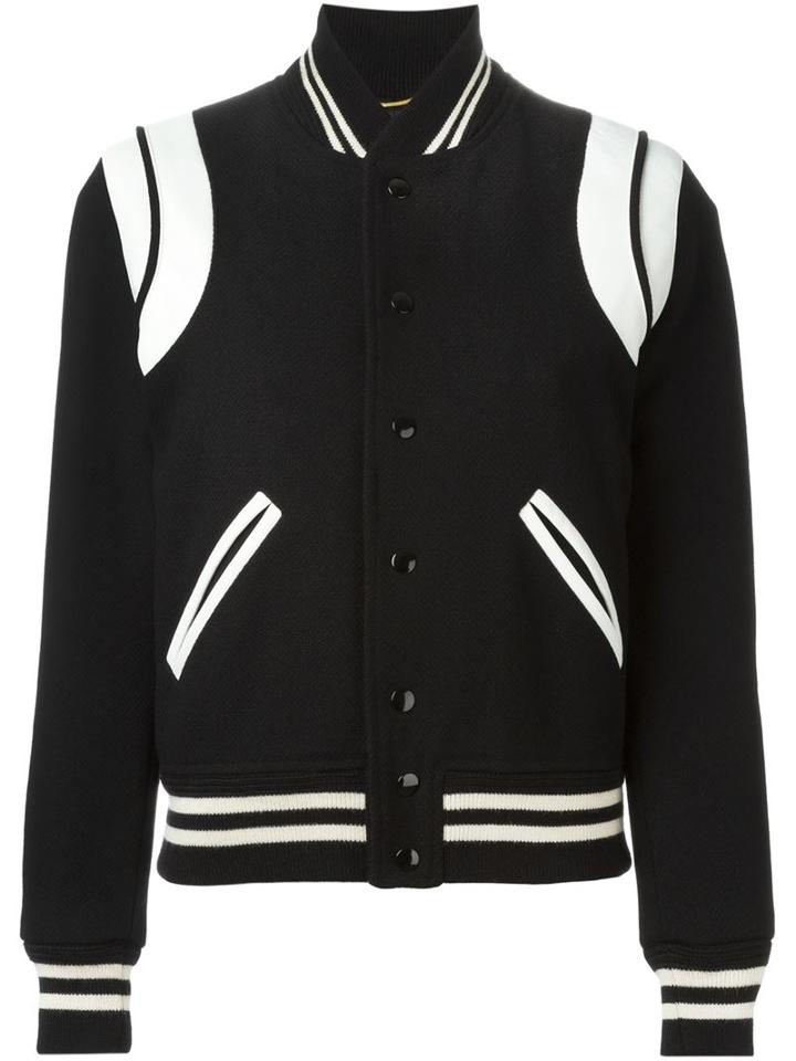 Saint Laurent Leather Patch Varsity Jacket, Women's, Size: 38, Black, Cotton/lamb Skin/polyamide/virgin Wool