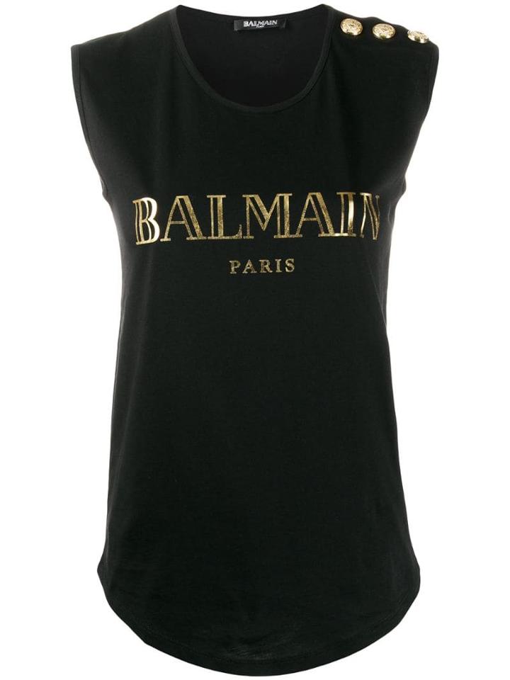 Balmain Buttoned Shoulders Sleeveless Logo Top - Black