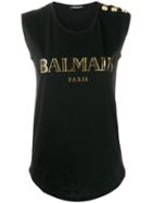 Balmain Buttoned Shoulders Sleeveless Logo Top - Black