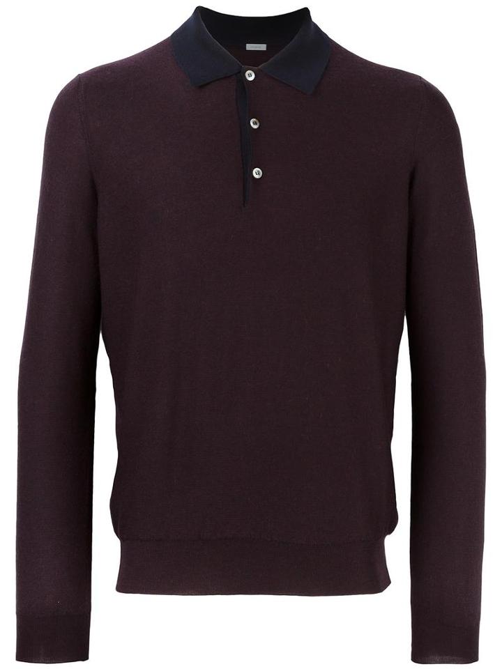 Malo Long Sleeve Knit Polo Shirt, Men's, Size: 50, Pink/purple, Cashmere