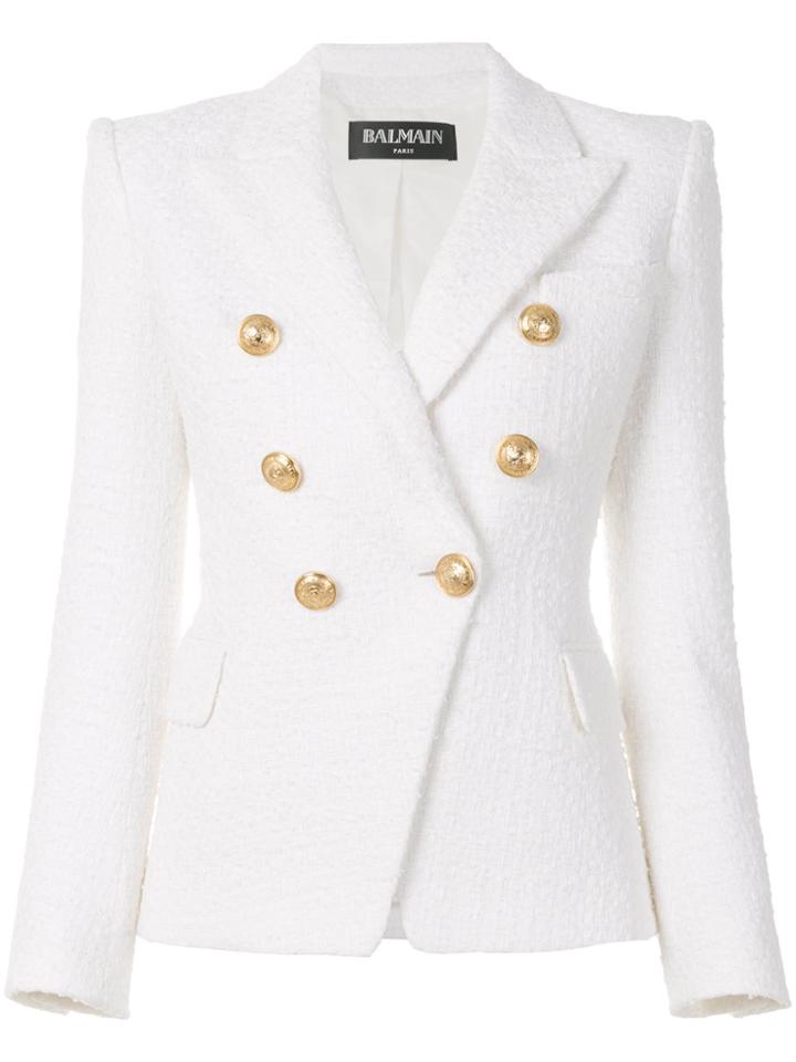 Balmain Double-breasted Tweed Blazer - White