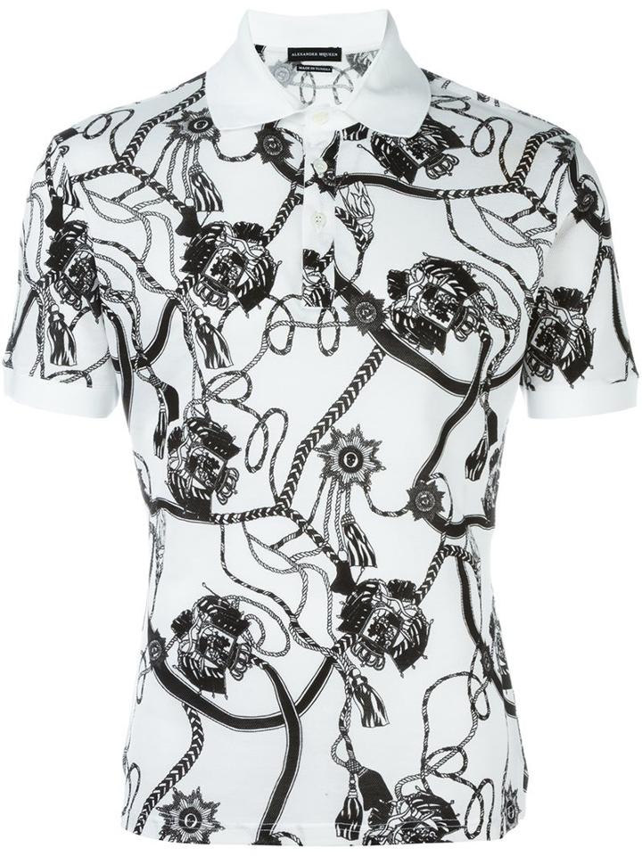 Alexander Mcqueen Medallion And Chain Print Polo Shirt, Men's, Size: Medium, White, Cotton