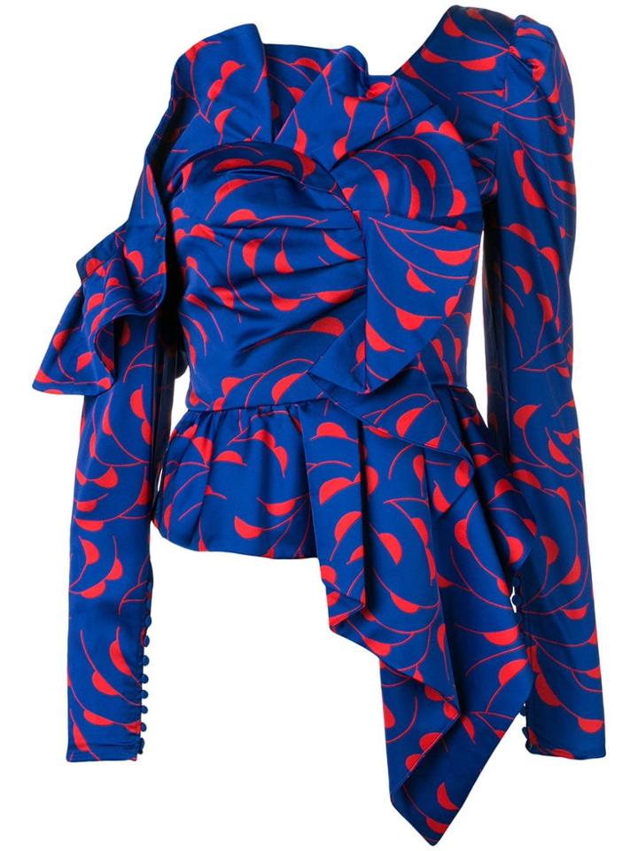 Self-portrait Printed Ruffle Asymmetric Top - Blue