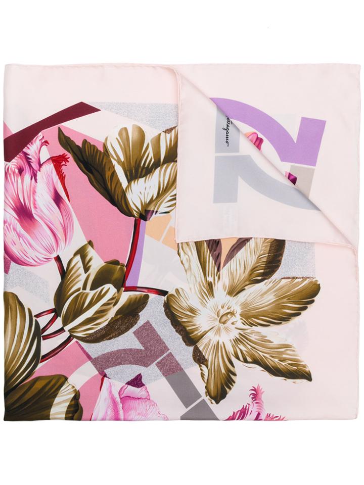 Salvatore Ferragamo Gancini And Flowers Print Scarf - Pink & Purple