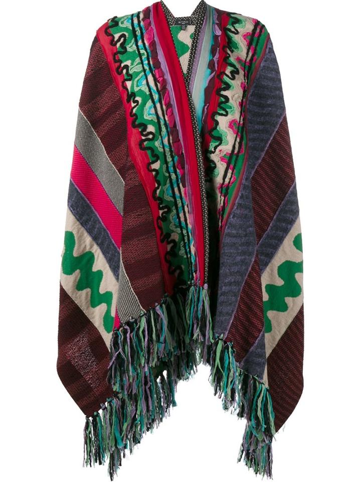 Etro Wool-blend Patchwork Tassel Poncho, Women's, Green, Silk/cotton/polyamide/wool