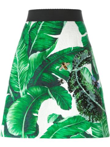 Dolce & Gabbana Banana Leaf Print Skirt, Women's, Size: 44, Green, Silk/cotton/glass