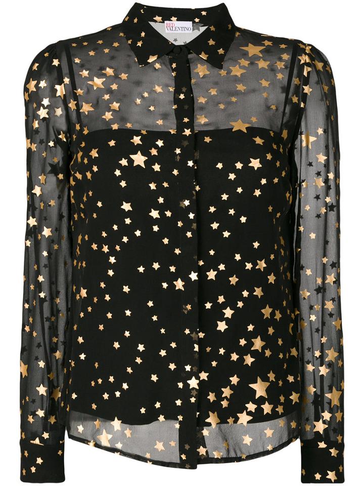 Red Valentino - Layered Sheer Gold Foil Star Shirt - Women - Silk/polyester - 46, Black, Silk/polyester