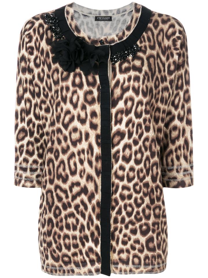 Twin-set Embellished Leopard Print Cardigan Round Neck - Brown