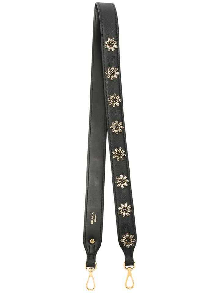 Prada Crystal Embellished Shoulder Strap, Women's, Black, Leather/crystal