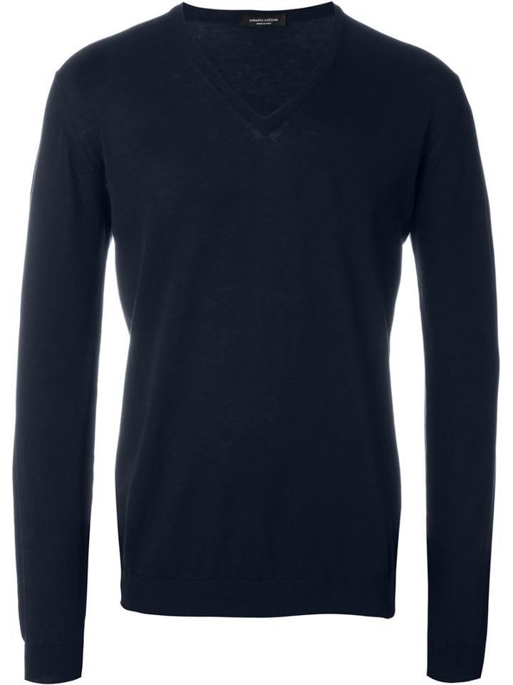 Roberto Collina V-neck Jumper, Men's, Size: 56, Blue, Cotton