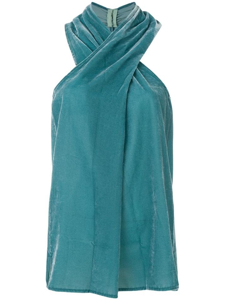 Push Button Velvet Halterneck Top - Blue