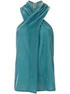 Push Button Velvet Halterneck Top - Blue