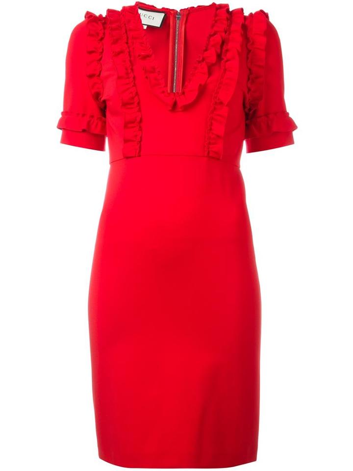 Gucci Ruffle Trim Dress, Women's, Size: Medium, Red, Viscose/polyamide/spandex/elastane