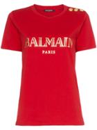 Balmain Red Buttoned Logo Print T Shirt