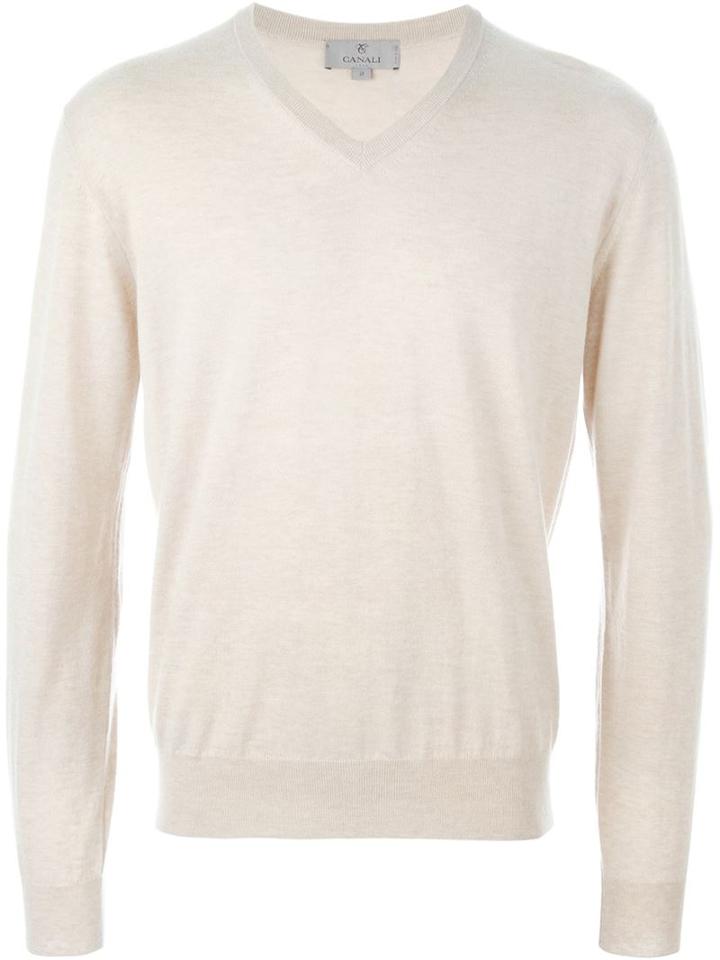 Canali V-neck Sweater, Men's, Size: 52, Nude/neutrals, Cashmere
