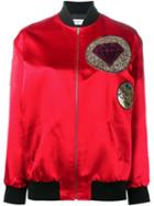 Saint Laurent Patch Bomber Jacket, Women's, Size: 38, Red, Silk/cotton/cupro/wool