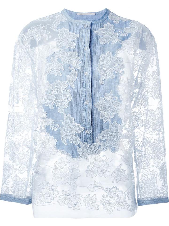 Ermanno Scervino Sheer Denim Bib Shirt, Women's, Size: 40, Blue, Cotton/linen/flax/viscose/polyester