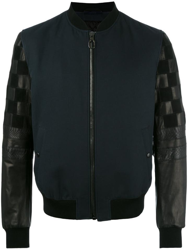 Lanvin Mix Material Bomber Jacket, Men's, Size: 50, Blue, Silk/cotton/lamb Skin/polyester
