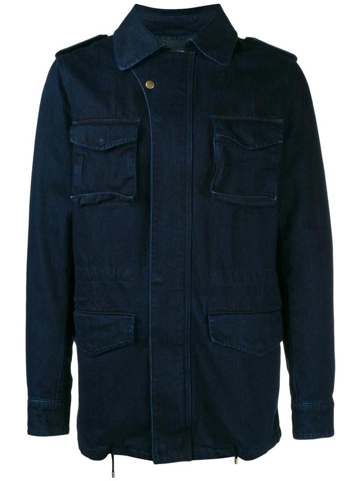 Yves Salomon Homme Denim Military Jacket, Men's, Size: 44, Blue, Cotton/rabbit Fur/polyester