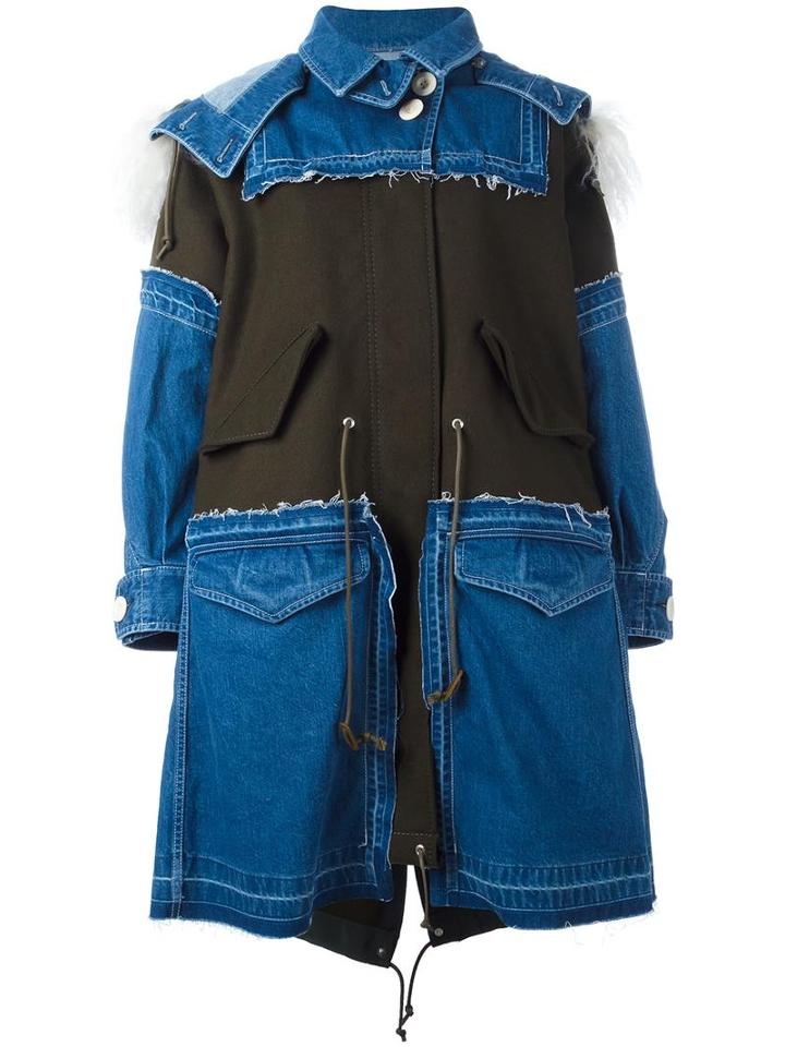 Sacai Frayed Denim Patchwork Parka, Women's, Size: 7, Blue, Cotton/wool/leather/lamb Fur