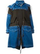 Sacai Frayed Denim Patchwork Parka, Women's, Size: 7, Blue, Cotton/wool/leather/lamb Fur